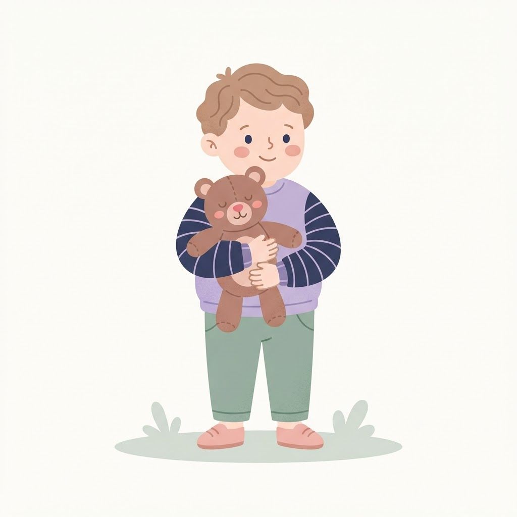 Gentle illustration of a young child hugging a teddy bear, looking calm and safe.