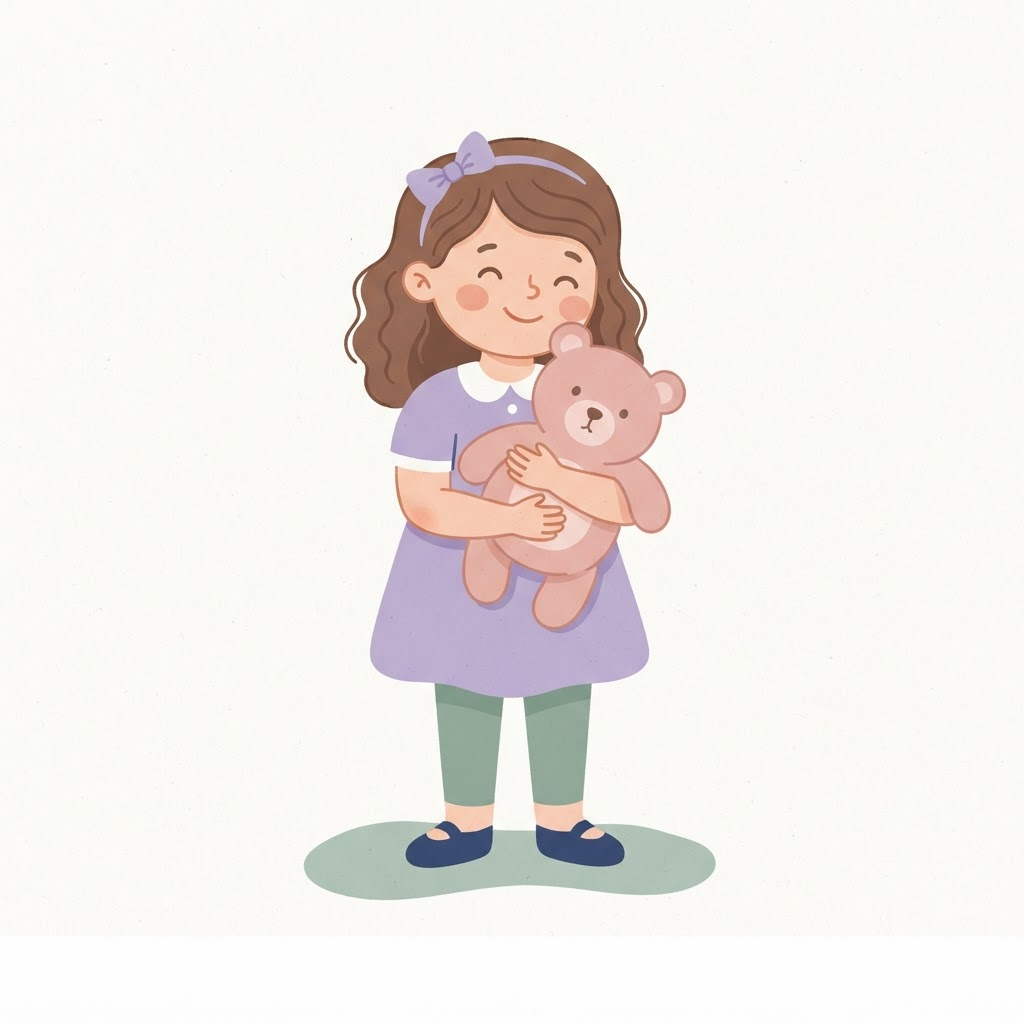 Gentle illustration of a young girl hugging a teddy bear, looking calm and safe.